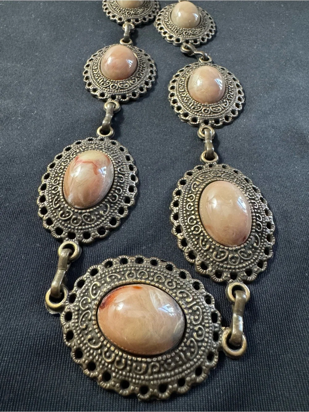 Large Brass Boho Statement Necklace - Marbled Cabochon Medallions